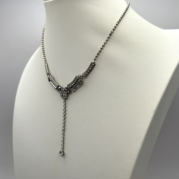 KL Silver Tone Rhinestone Y Drop Adjustable Necklace Evening Bridal - Picture 3 of 12